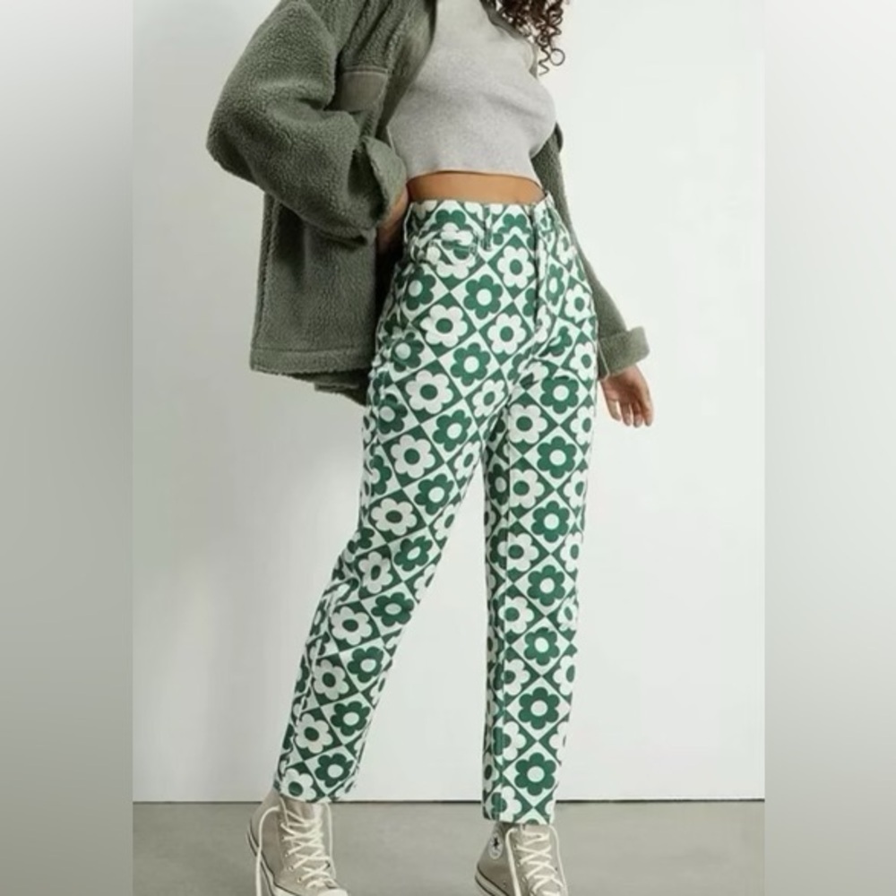 Women’s PacSun Denim Jeans High Rise Straight‎ Flowers Green White Size 23